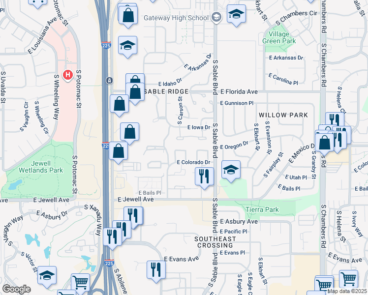 map of restaurants, bars, coffee shops, grocery stores, and more near 14235 East Montana Circle in Aurora