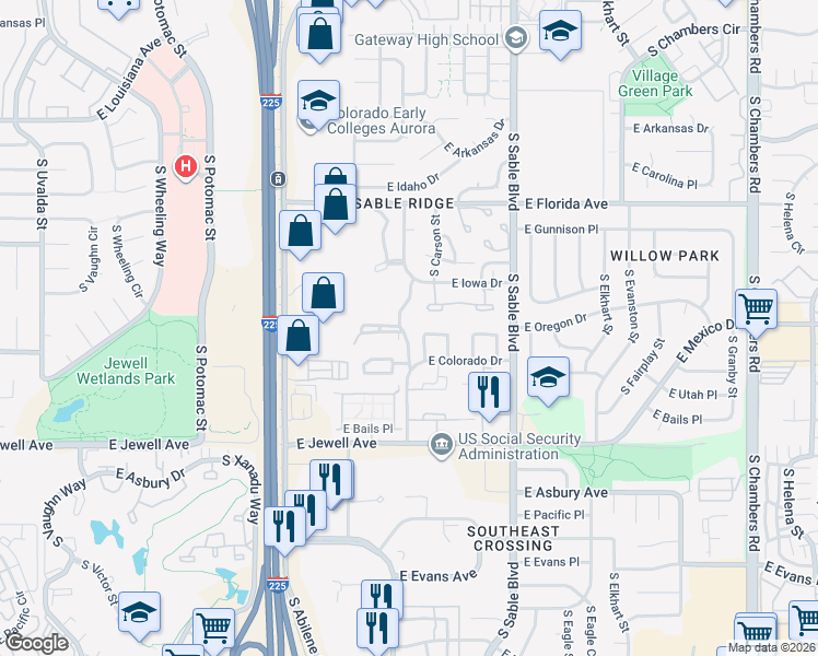 map of restaurants, bars, coffee shops, grocery stores, and more near 14153 East Montana Circle in Aurora
