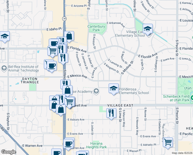 map of restaurants, bars, coffee shops, grocery stores, and more near 1685 South Kenton Way in Aurora