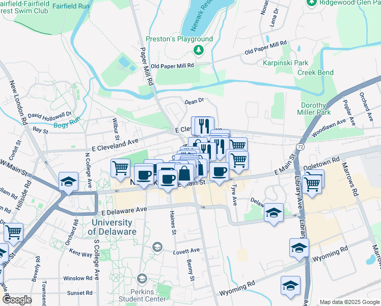 map of restaurants, bars, coffee shops, grocery stores, and more near 52 North Chapel Street in Newark