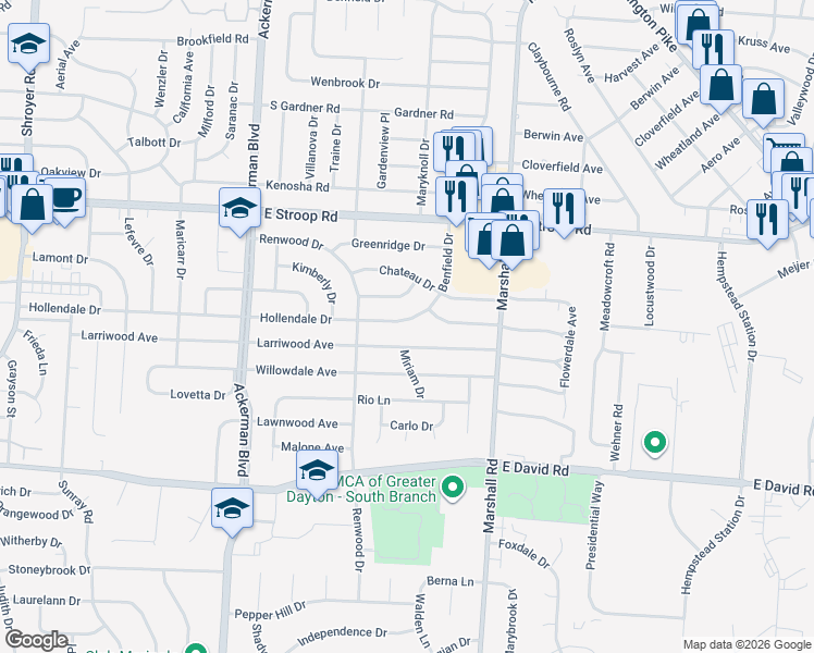 map of restaurants, bars, coffee shops, grocery stores, and more near 1100 Hollendale Drive in Dayton