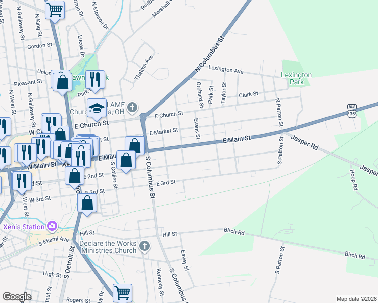 map of restaurants, bars, coffee shops, grocery stores, and more near 589 East Main Street in Xenia