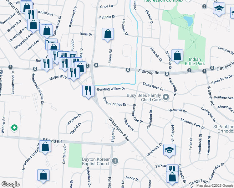 map of restaurants, bars, coffee shops, grocery stores, and more near 2197 Cherry Oak Drive in Dayton
