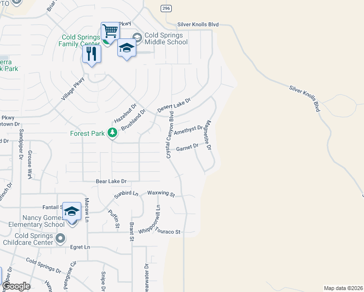map of restaurants, bars, coffee shops, grocery stores, and more near 17125 Garnet Drive in Reno