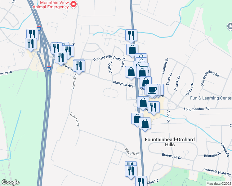 map of restaurants, bars, coffee shops, grocery stores, and more near 16811 Petmar Circle in Hagerstown