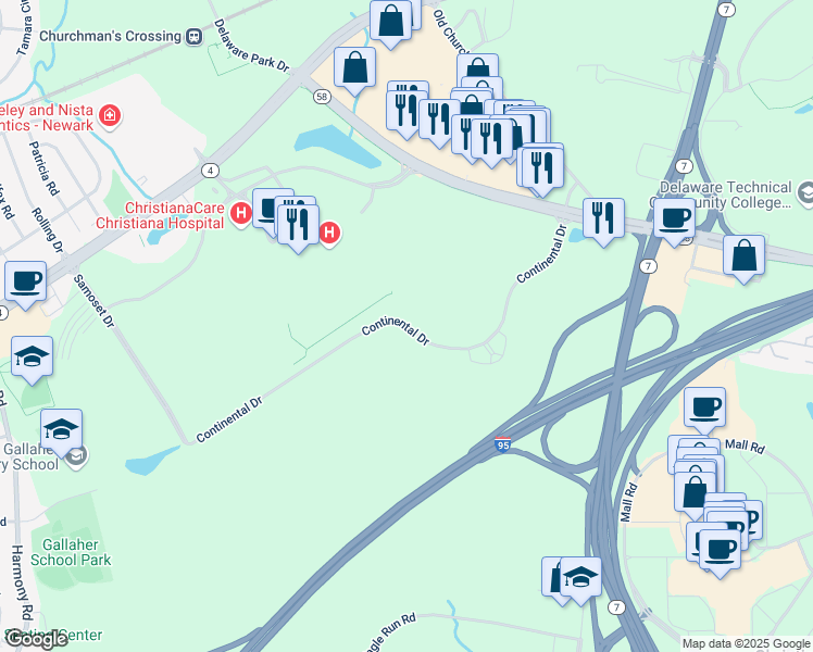 map of restaurants, bars, coffee shops, grocery stores, and more near 243 Continental Drive in Newark