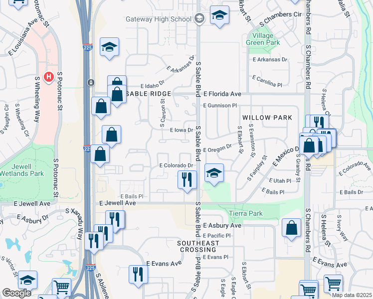 map of restaurants, bars, coffee shops, grocery stores, and more near 14419 East Montana Circle in Aurora