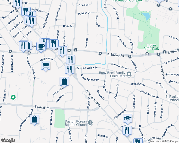 map of restaurants, bars, coffee shops, grocery stores, and more near 2197 Cherry Oak Drive in Dayton
