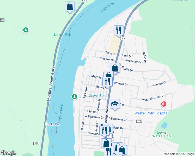map of restaurants, bars, coffee shops, grocery stores, and more near 58 Mary Street in New Martinsville