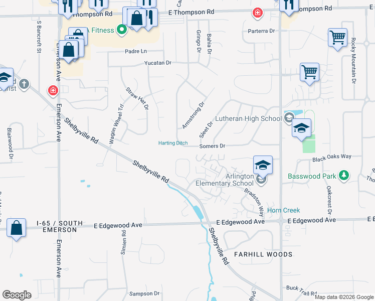 map of restaurants, bars, coffee shops, grocery stores, and more near 5519 Somers Drive in Indianapolis