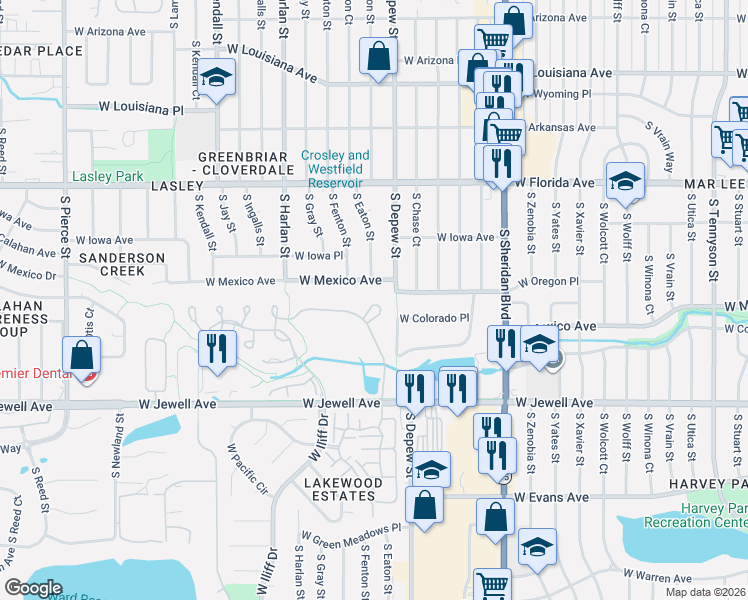 map of restaurants, bars, coffee shops, grocery stores, and more near 1860 South Manor Lane in Lakewood