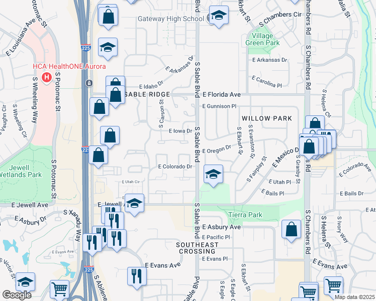 map of restaurants, bars, coffee shops, grocery stores, and more near 14419 East Montana Circle in Aurora