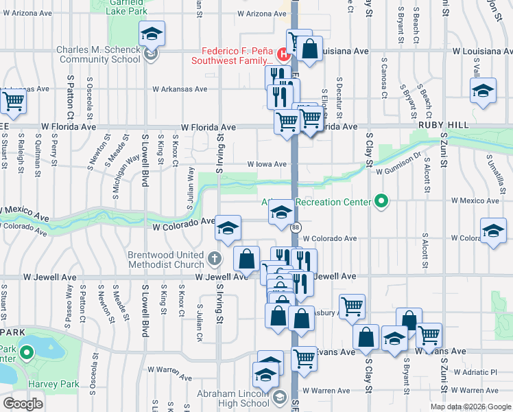 map of restaurants, bars, coffee shops, grocery stores, and more near 3150 West Mexico Avenue in Denver