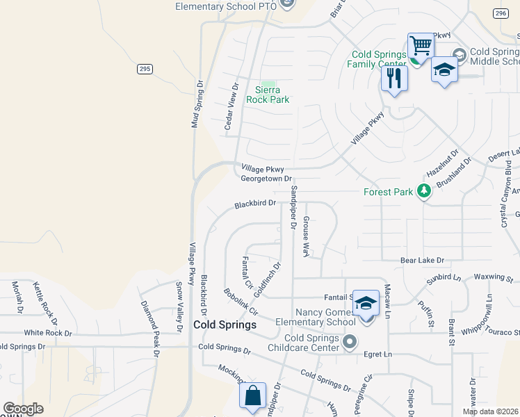 map of restaurants, bars, coffee shops, grocery stores, and more near 17750 Blackbird Drive in Reno