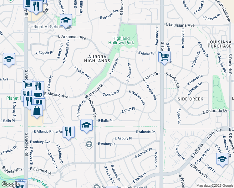map of restaurants, bars, coffee shops, grocery stores, and more near 17868 East Mexico Drive in Aurora