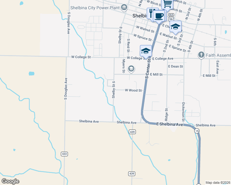 map of restaurants, bars, coffee shops, grocery stores, and more near 213 West Wood Street in Shelbina