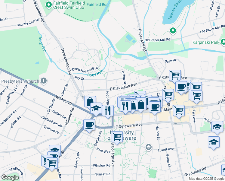 map of restaurants, bars, coffee shops, grocery stores, and more near 21 East Cleveland Avenue in Newark