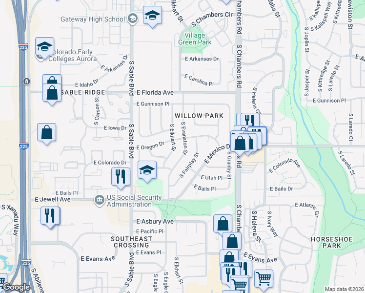 map of restaurants, bars, coffee shops, grocery stores, and more near 1650 South Elkhart Street in Aurora