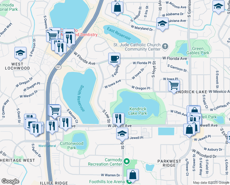 map of restaurants, bars, coffee shops, grocery stores, and more near 1656 South Kline Court in Lakewood