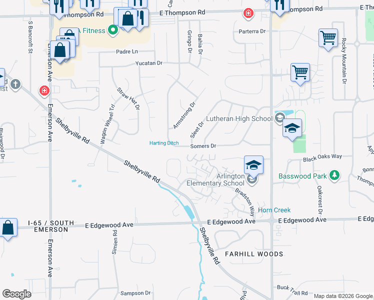 map of restaurants, bars, coffee shops, grocery stores, and more near 5519 Somers Drive in Indianapolis