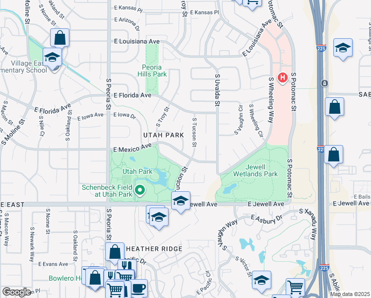 map of restaurants, bars, coffee shops, grocery stores, and more near 12887 East Mexico Avenue in Aurora