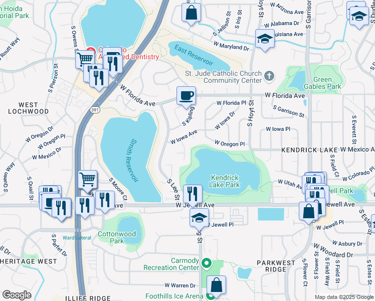 map of restaurants, bars, coffee shops, grocery stores, and more near 1656 South Kline Court in Lakewood