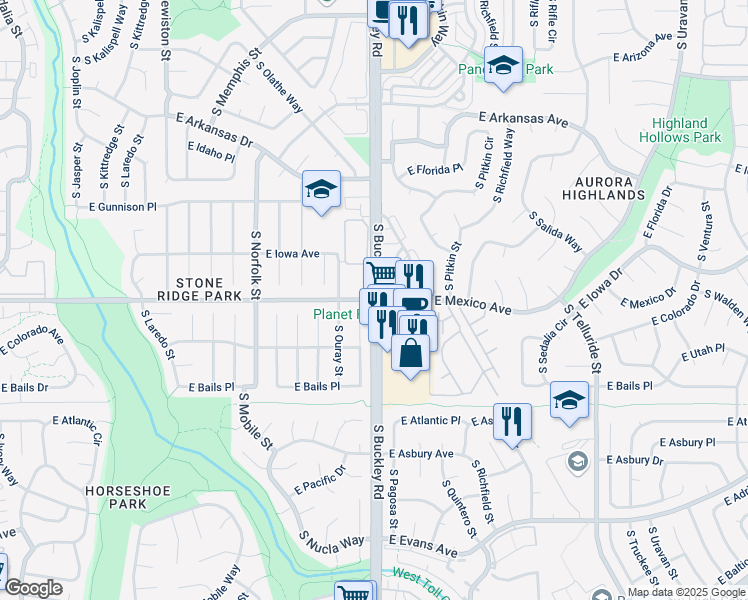 map of restaurants, bars, coffee shops, grocery stores, and more near S Buckley Rd & E Mexico Ave in Aurora