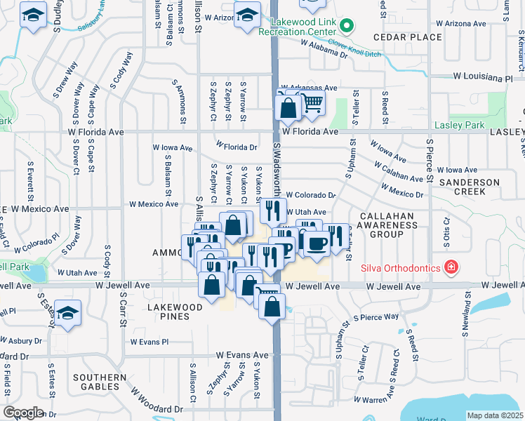 map of restaurants, bars, coffee shops, grocery stores, and more near 7678 West Mexico Place in Lakewood