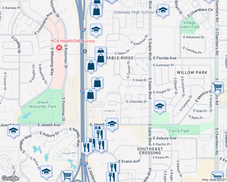 map of restaurants, bars, coffee shops, grocery stores, and more near 1681f East Blackhawk Way in Aurora