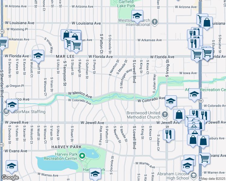 map of restaurants, bars, coffee shops, grocery stores, and more near 1699 South Meade Street in Denver