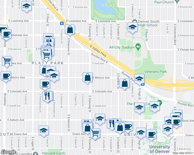 map of restaurants, bars, coffee shops, grocery stores, and more near E Mexico Ave & S Marion St in Denver