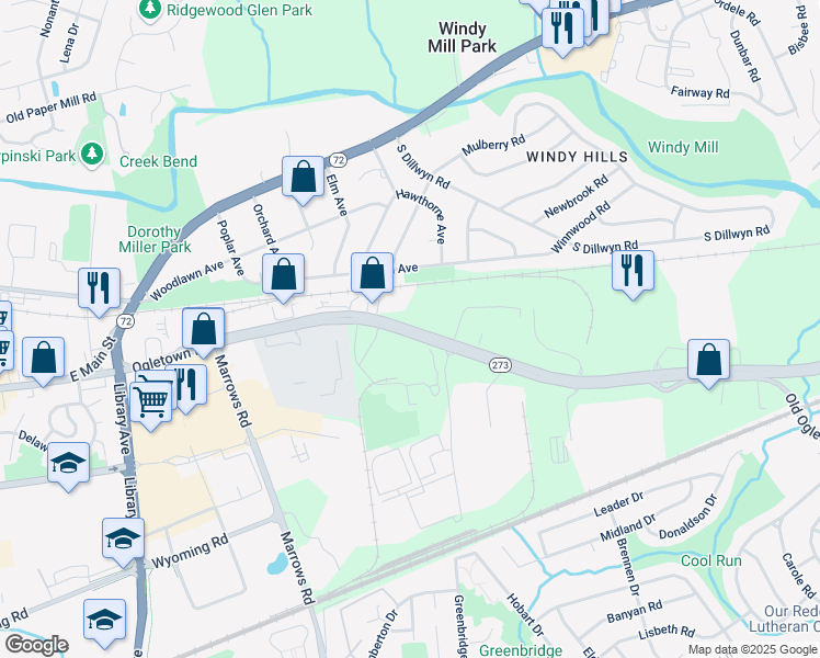map of restaurants, bars, coffee shops, grocery stores, and more near 1210 Ogletown Road in Newark