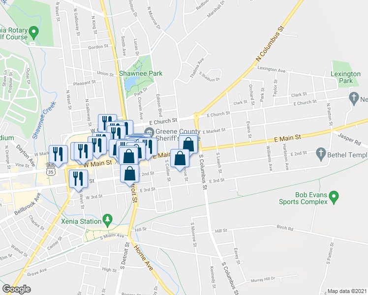 map of restaurants, bars, coffee shops, grocery stores, and more near 268 East Main Street in Xenia