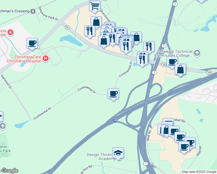map of restaurants, bars, coffee shops, grocery stores, and more near 333 Continental Drive in Newark