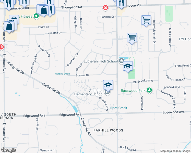 map of restaurants, bars, coffee shops, grocery stores, and more near 5801 Somers Drive in Indianapolis