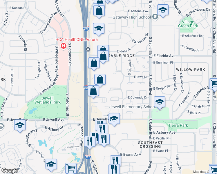 map of restaurants, bars, coffee shops, grocery stores, and more near 1701A East Blackhawk Way in Aurora