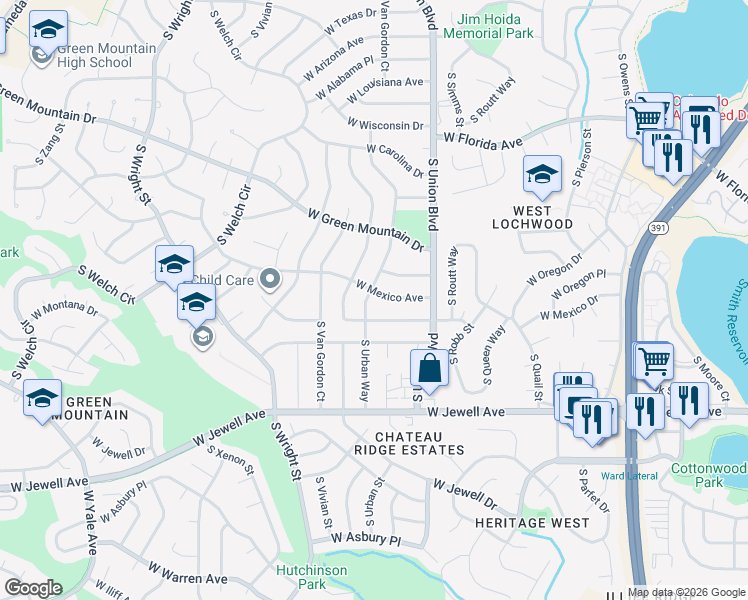map of restaurants, bars, coffee shops, grocery stores, and more near 12067 West New Mexico Avenue in Lakewood
