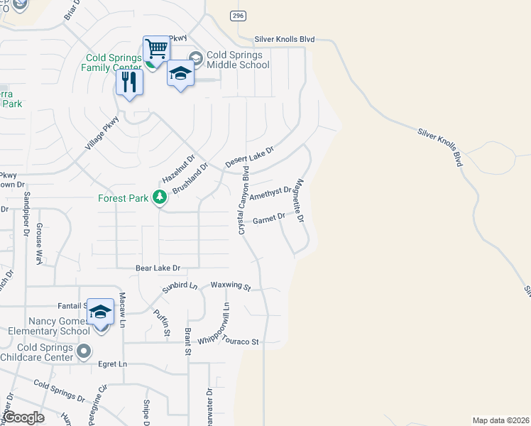 map of restaurants, bars, coffee shops, grocery stores, and more near 17125 Garnet Drive in Reno