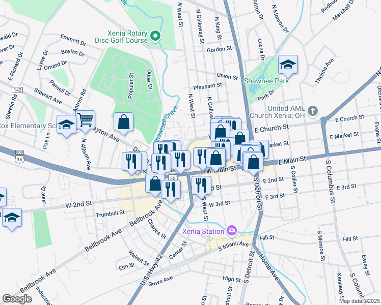 map of restaurants, bars, coffee shops, grocery stores, and more near 406 Church Street in Xenia
