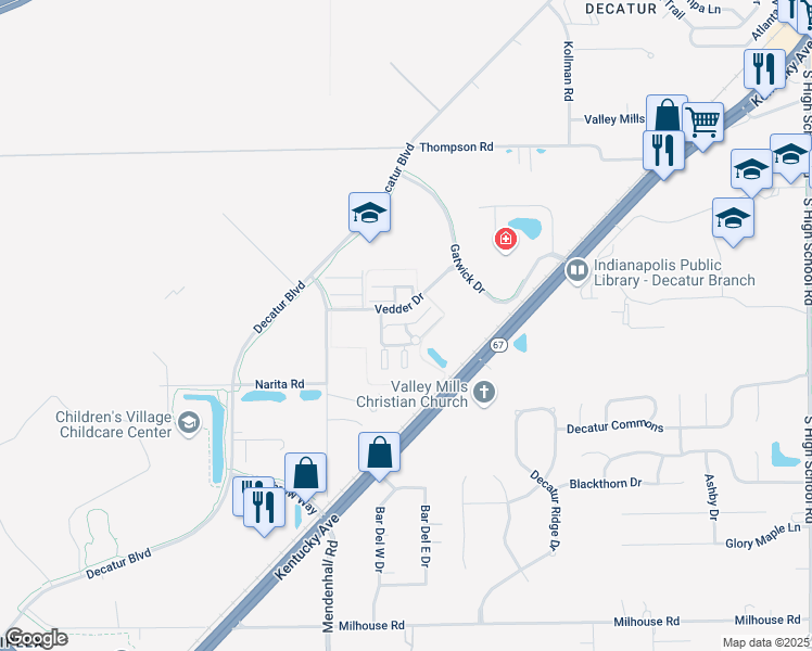 map of restaurants, bars, coffee shops, grocery stores, and more near 7131 Vega Way in Indianapolis