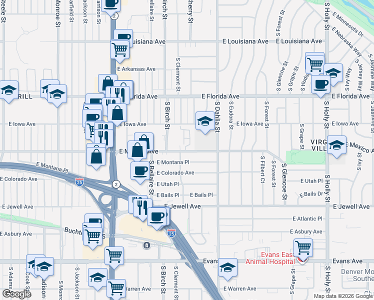 map of restaurants, bars, coffee shops, grocery stores, and more near 4565 East Mexico Avenue in Denver