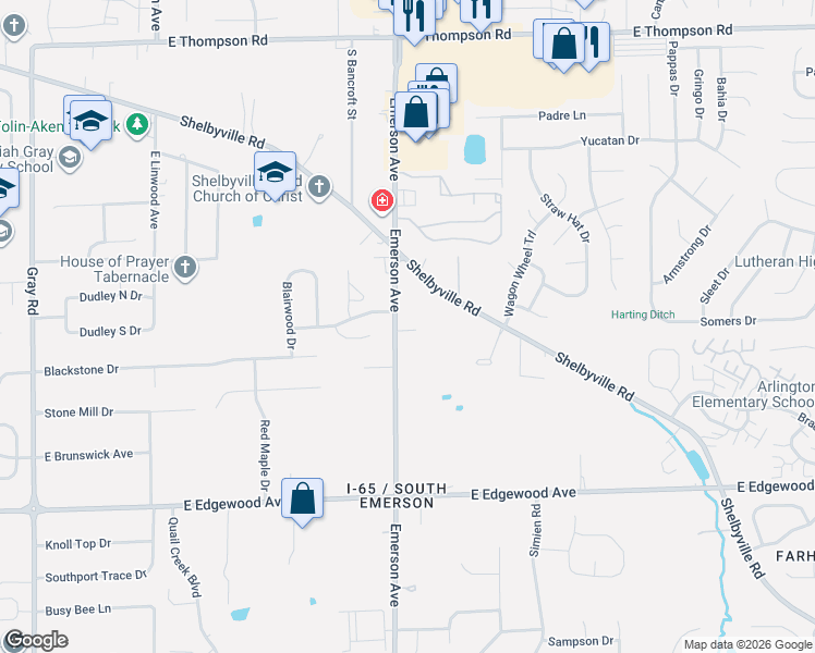 map of restaurants, bars, coffee shops, grocery stores, and more near 5621 South Emerson Avenue in Indianapolis