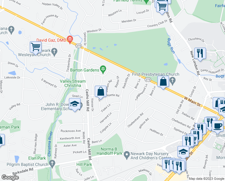 map of restaurants, bars, coffee shops, grocery stores, and more near 803 Baylor Drive in Newark
