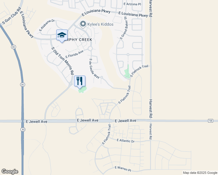 map of restaurants, bars, coffee shops, grocery stores, and more near 1669 South de Gaulle Way in Aurora