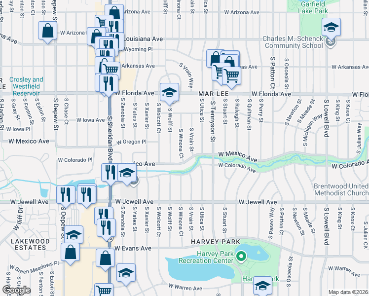 map of restaurants, bars, coffee shops, grocery stores, and more near 1697 South Vrain Street in Denver