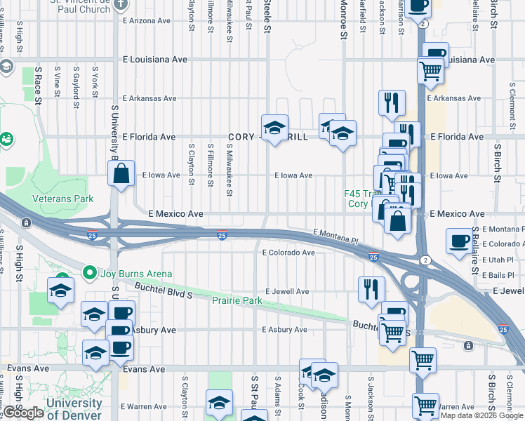 map of restaurants, bars, coffee shops, grocery stores, and more near 3100 East Mexico Avenue in Denver