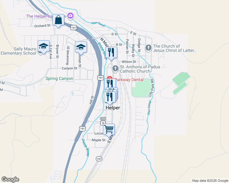 map of restaurants, bars, coffee shops, grocery stores, and more near 69 S Main St in Helper