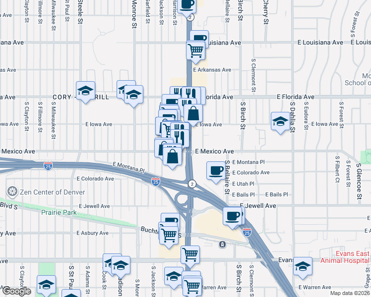 map of restaurants, bars, coffee shops, grocery stores, and more near 1699 South Colorado Boulevard in Denver