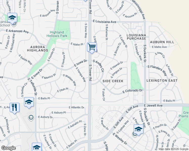 map of restaurants, bars, coffee shops, grocery stores, and more near in Aurora