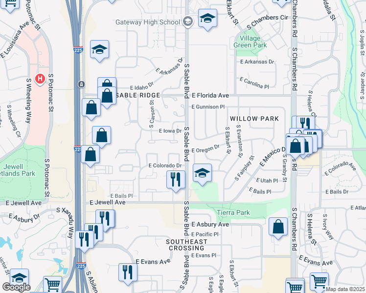 map of restaurants, bars, coffee shops, grocery stores, and more near 14419 East Montana Circle in Aurora
